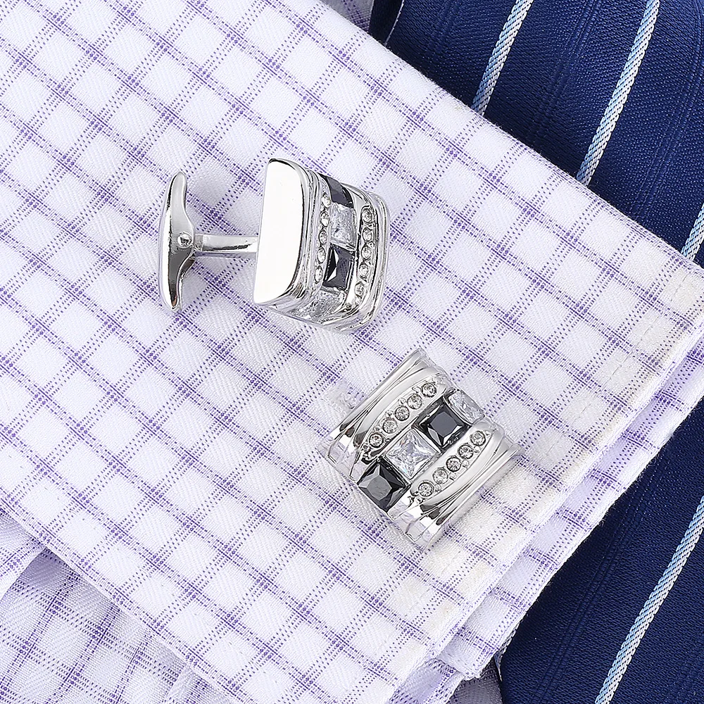 High Quality Silver Plated Black White Crystal Cufflinks For Mens French Style Shirt Sleeve Studs Copper Brass Groom Gemelos