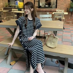 Button Split Hem Striped Casual Dresses Summer New Short Sleeve O-neck Loose Vintage T Shirt Dress Fashion Trend Women Clothing