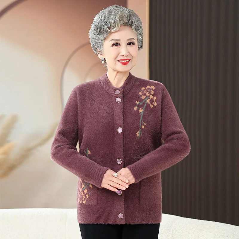 Grandma Thick Warm Mink Velvet Sweater Top Winter Middle Aged Mother Outside Wear Cardigan Jacket Vintage Women Knitted Coat