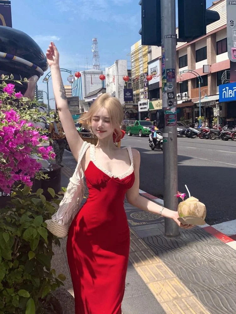 an Maiden Summer Red Slim Fit Women's Dr with Belt Strap Baring oulder Fi Tail Skirt Sle Casual Holiday Wear