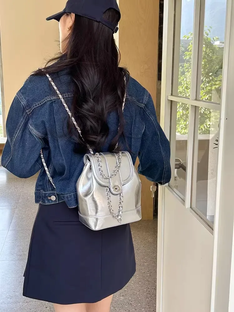 

Silver Chain Spring New Style Women's Backpack Travel Handbag Blogger Ins Small Square Soft Polyester Lock Buckle Casual