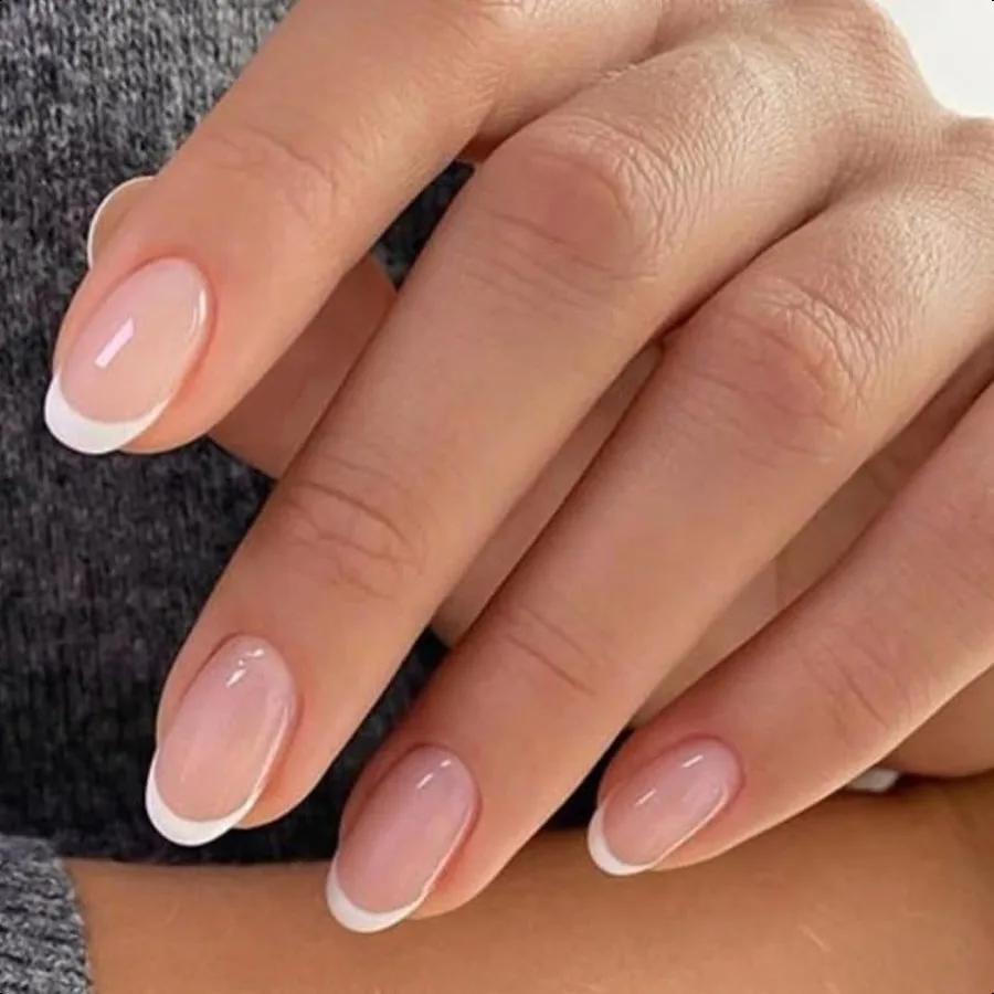 

French Tip Pr On Nails Short Oval Fake Nails Pr Ons with Nail Glue Adhesive Tabs Nail File Prep Pad Manicure Stick 32Pcs 16 Siz