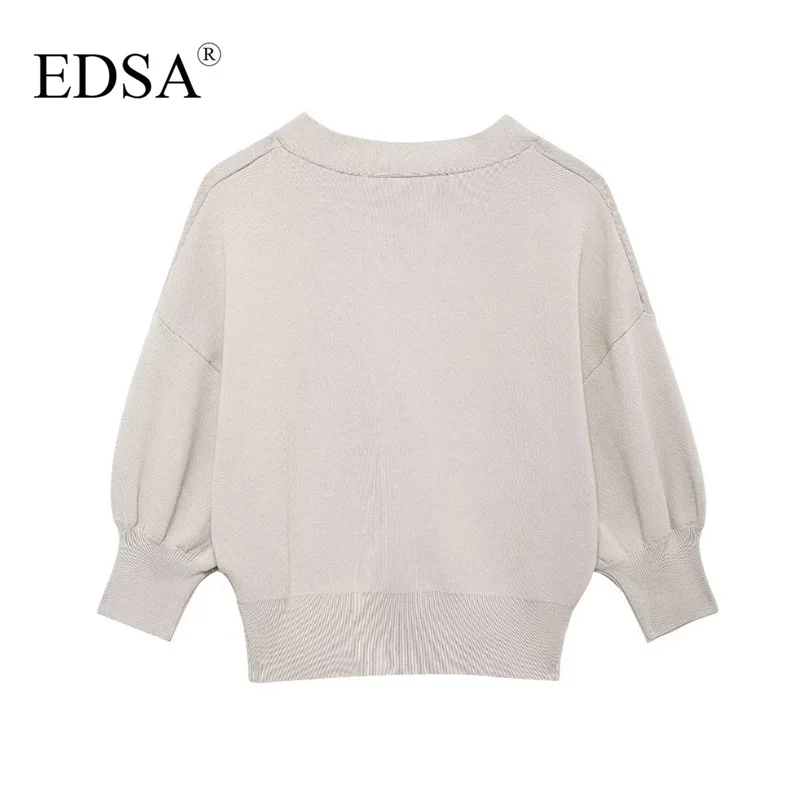 EDSA Women Casual Solid Cardigan V-neck Single Breasted Knitted Folds Loose Fashion Vintage Female Warm Sweaters