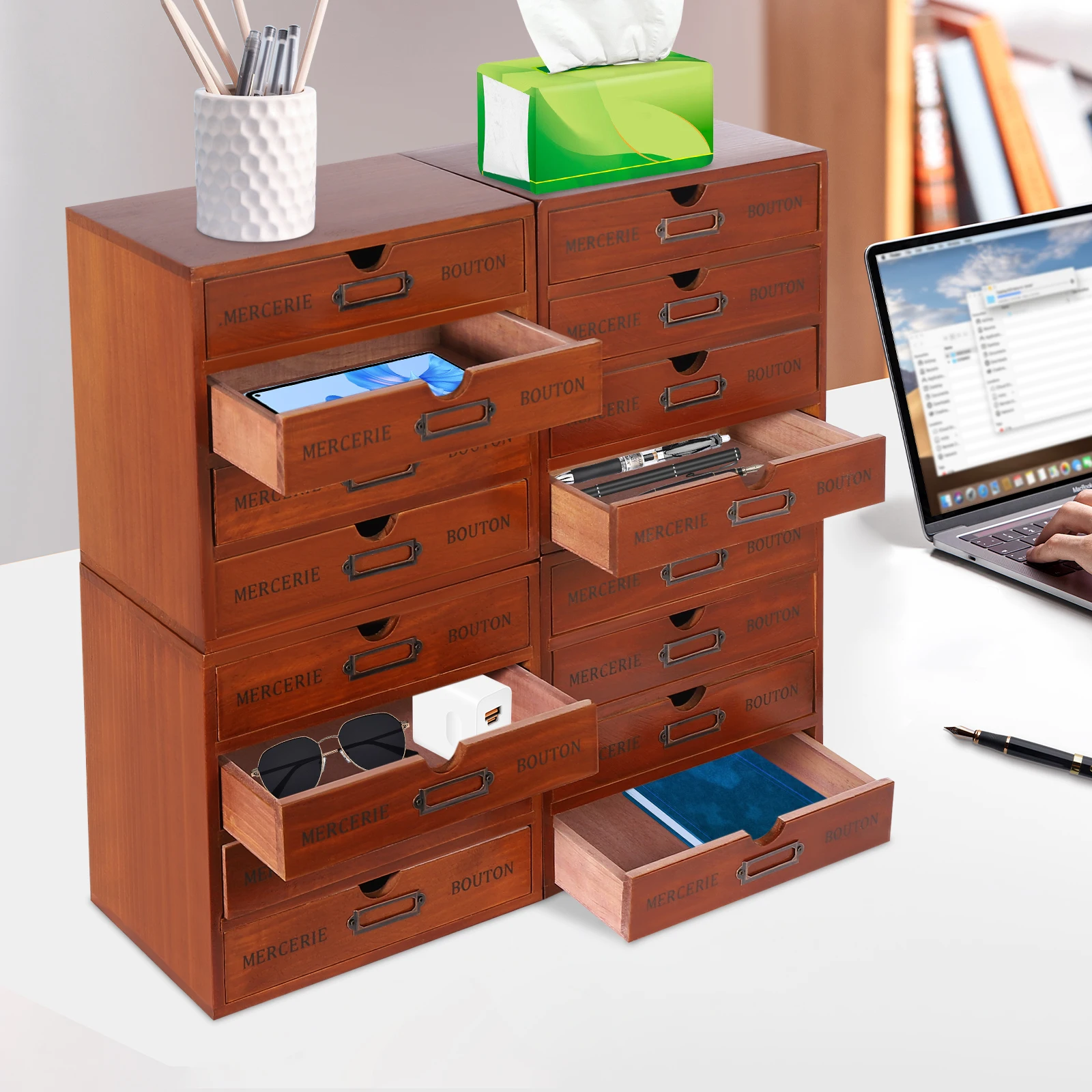 16-Drawer Wooden Storage Box, Literature Organizer 4Pcs 4-Slot Desk Unit Desktop File Holder Cabinet for Home Office School Cafe