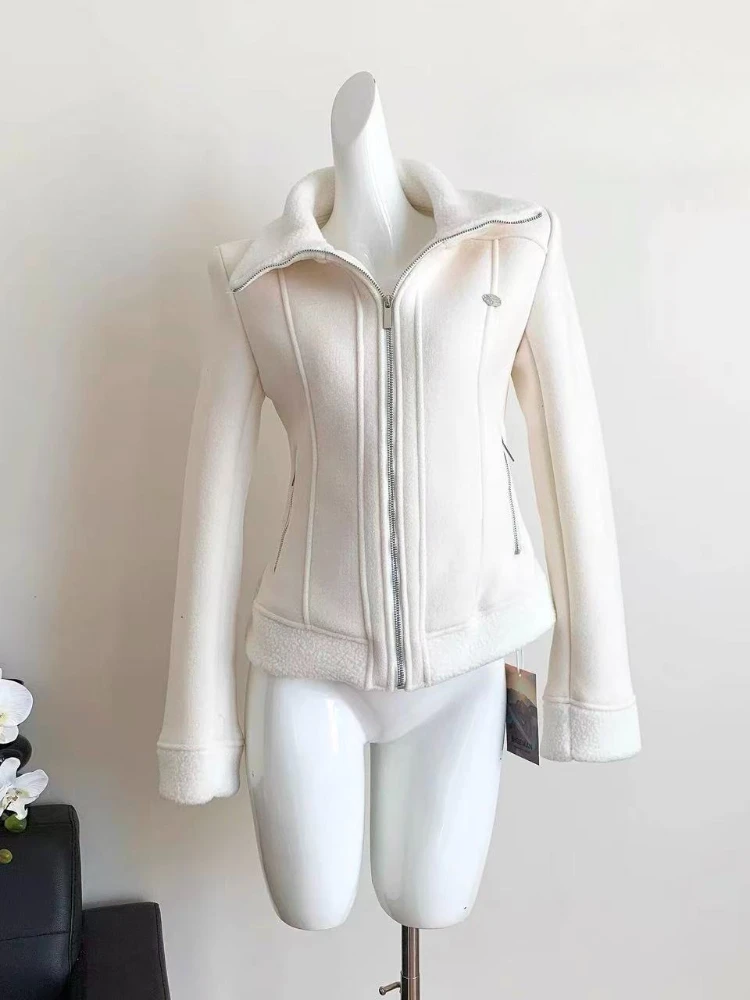 American Style Retro Solid Polar Fleece Sweet Warm Jacket Women Slim Waist Y2k High Neck Coat New Fashion Casual Winter Clothing