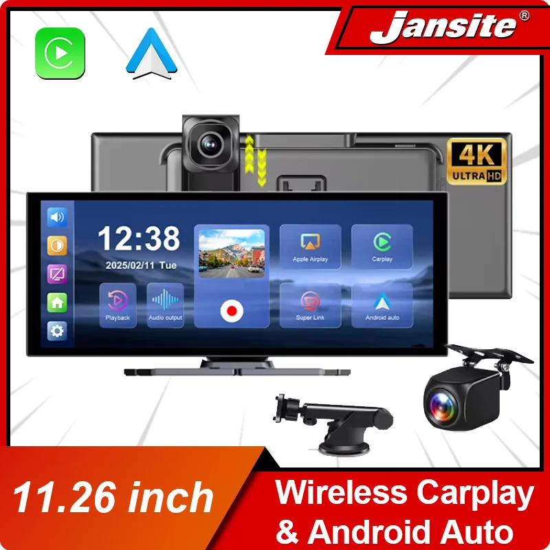 

Jansite НОВЫЙ 11,26-дюймовый 4K DVR Беспроводной CarPlay и Android Auto Портативный видеорегистратор Автомобильный экран Видеорегистратор 5G WIFI Навигация