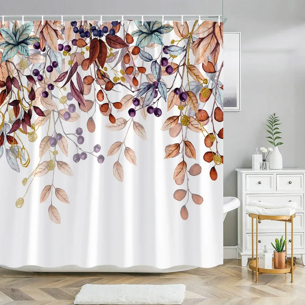 Watercolor Autumn Hanging Leaves Botanical Shower Curtain Fall Thanksgiving Bathroom Bathtubs Decor Easy Care Washable Durable