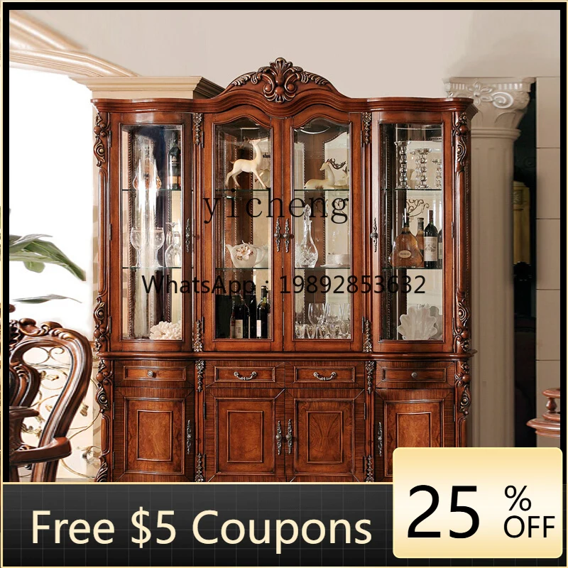 

solid wood wine cabinet four-door European 1.8-meter glass cabinet curved carved luxury dining side cabinet