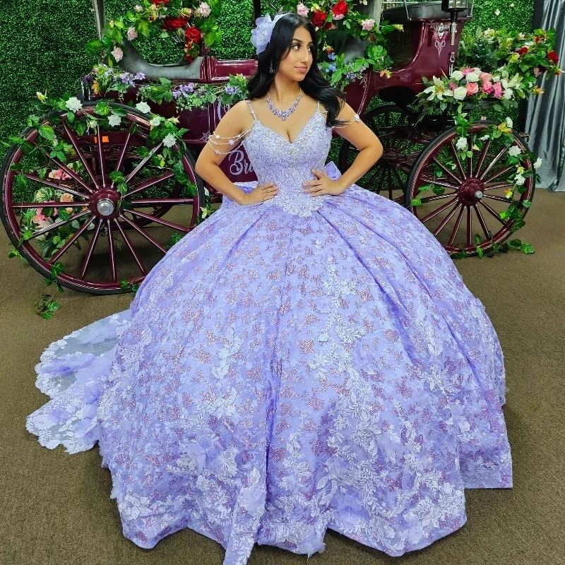 

Lavender Shiny Princess Quinceanera Dresses 3D Flower Applique Lace Beads Corset Cinderella Prom Sweet 16 Dress vestidos de 15