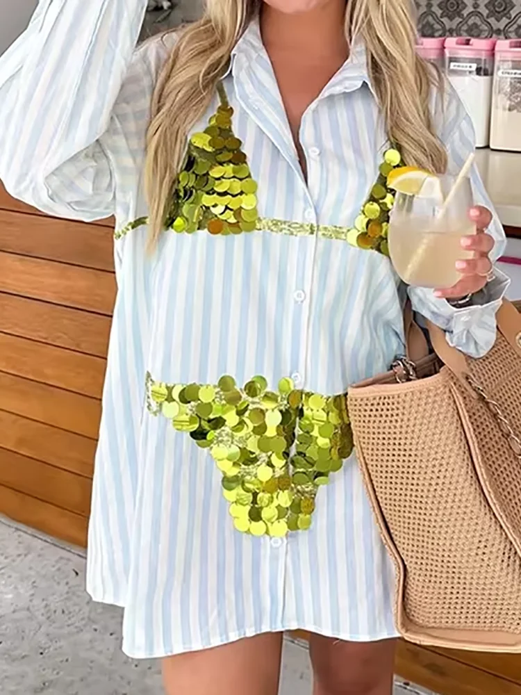 Women Turn-Down Collar Striped Sequins Patchwork Mini Dress Long Sleeve Loose Fit Spring Autumn Beach Style Holiday Party Dress