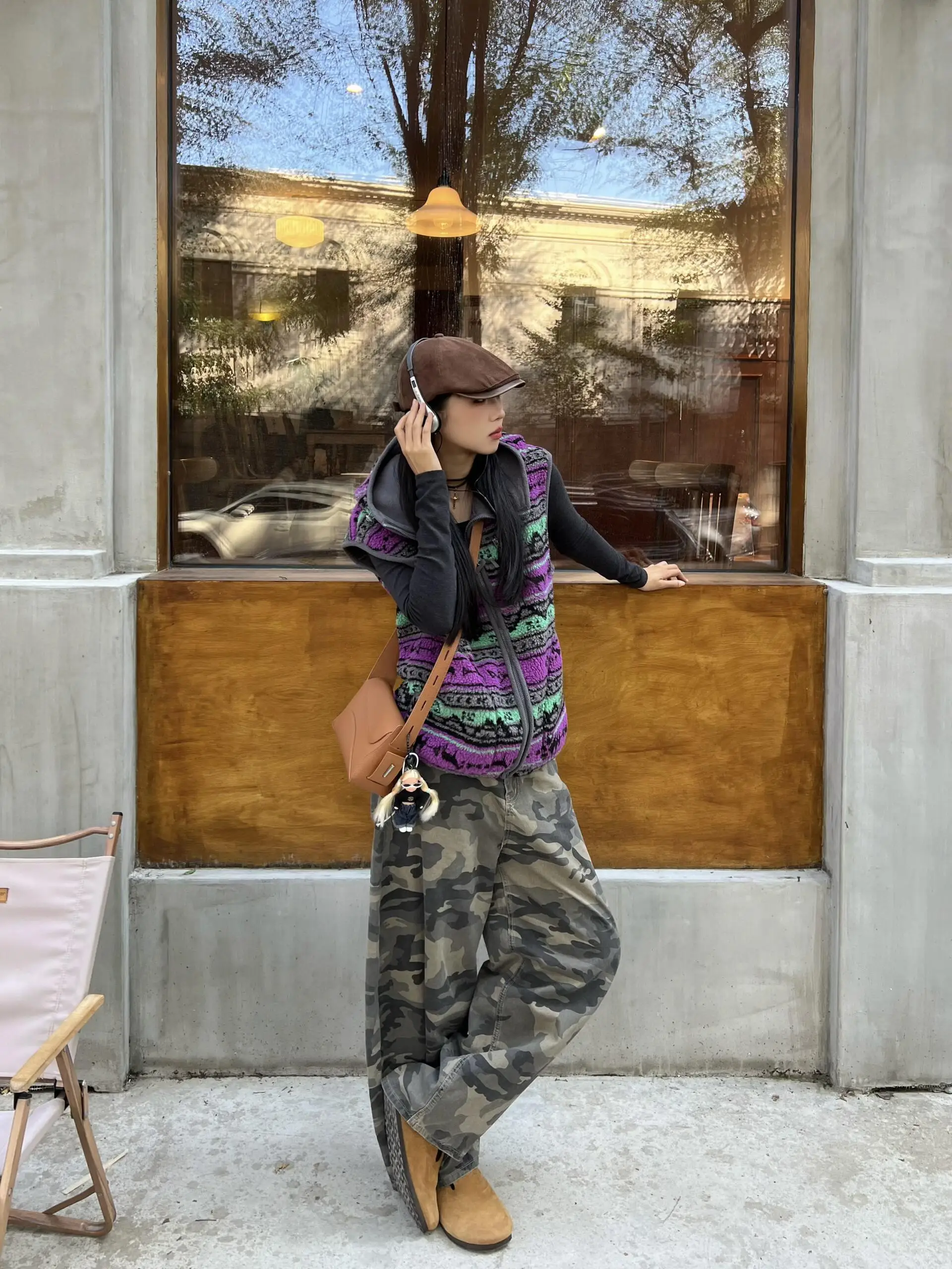 Gilet in Pelliccia d'Agnello Stile Fair Isle Retrò, Gilet con Cappuccio e Zip per Donna, Autunno Inverno, Giacca Leggera per il Pendolarismo