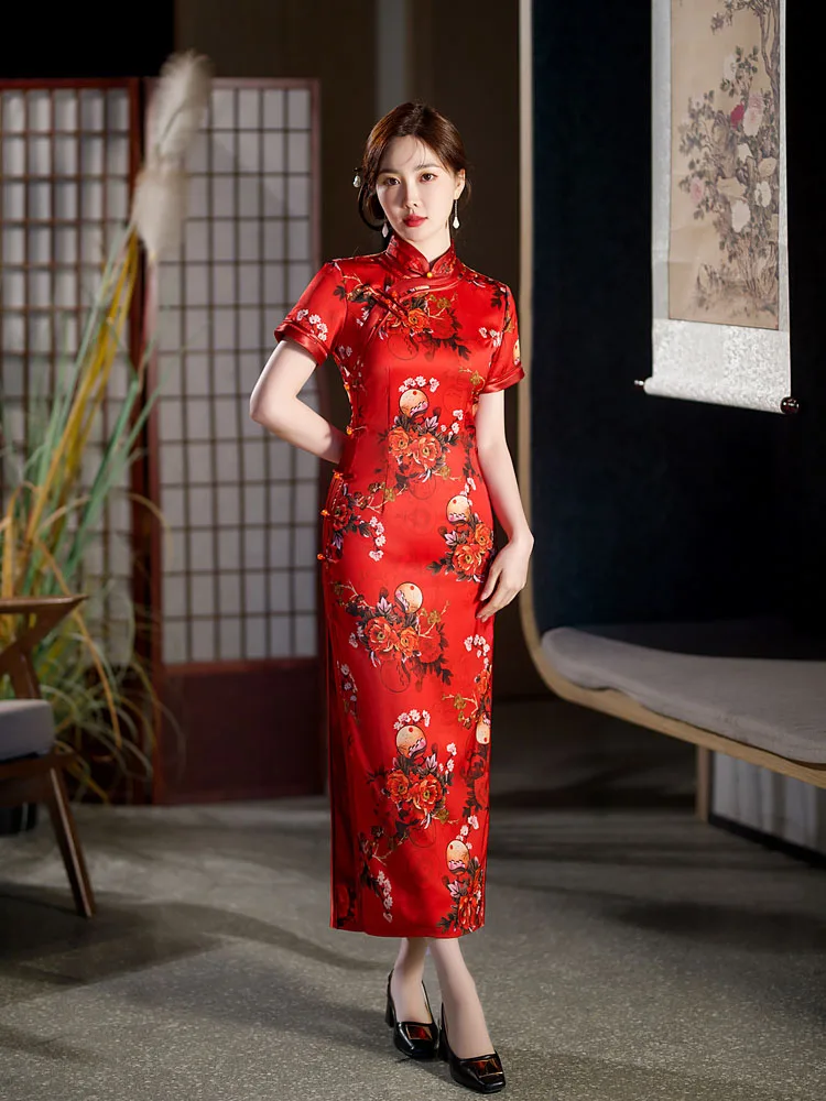 Yourqipao Summer 2023 Long Slim Silk Cheongsam Catwalk Red Fashion Elegant Print Qipao Chinese Style Evening Dress for Women