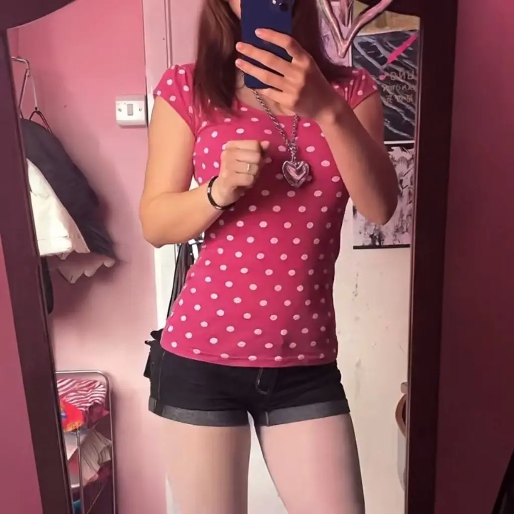 2000s Harajuku Vintage Sweet Tops Y2k Japanese Style Kawaii Slim T Shirts Women Korean Fashion Polka Dot Short Sleeve Tees Chic