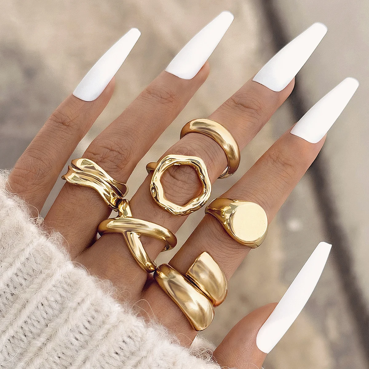 Tocona Fashion Gold Color Lrregular Intersect Ring Sets for Women Classic Smooth Wave Finger Rings Party Jewelry 6pc/set  26206