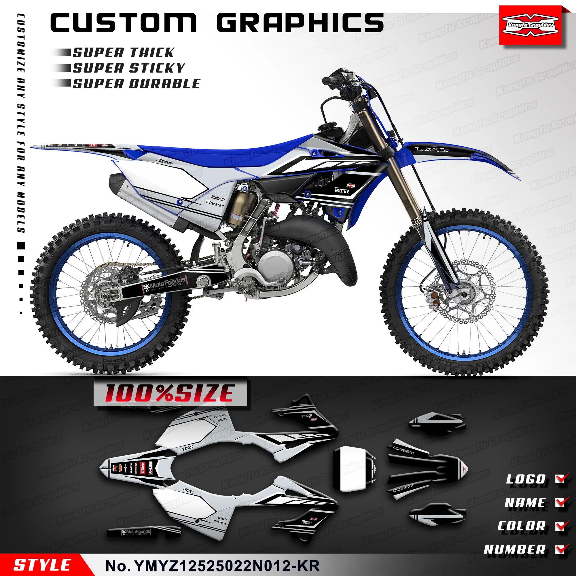 

KUNGFU GRAPHICS Motorcycle Graphics Racing Sticker for Yamaha YZ125 YZ250 YZ125X YZ250X 2022 23 2024 25 26, YMYZ12525022N012-KR