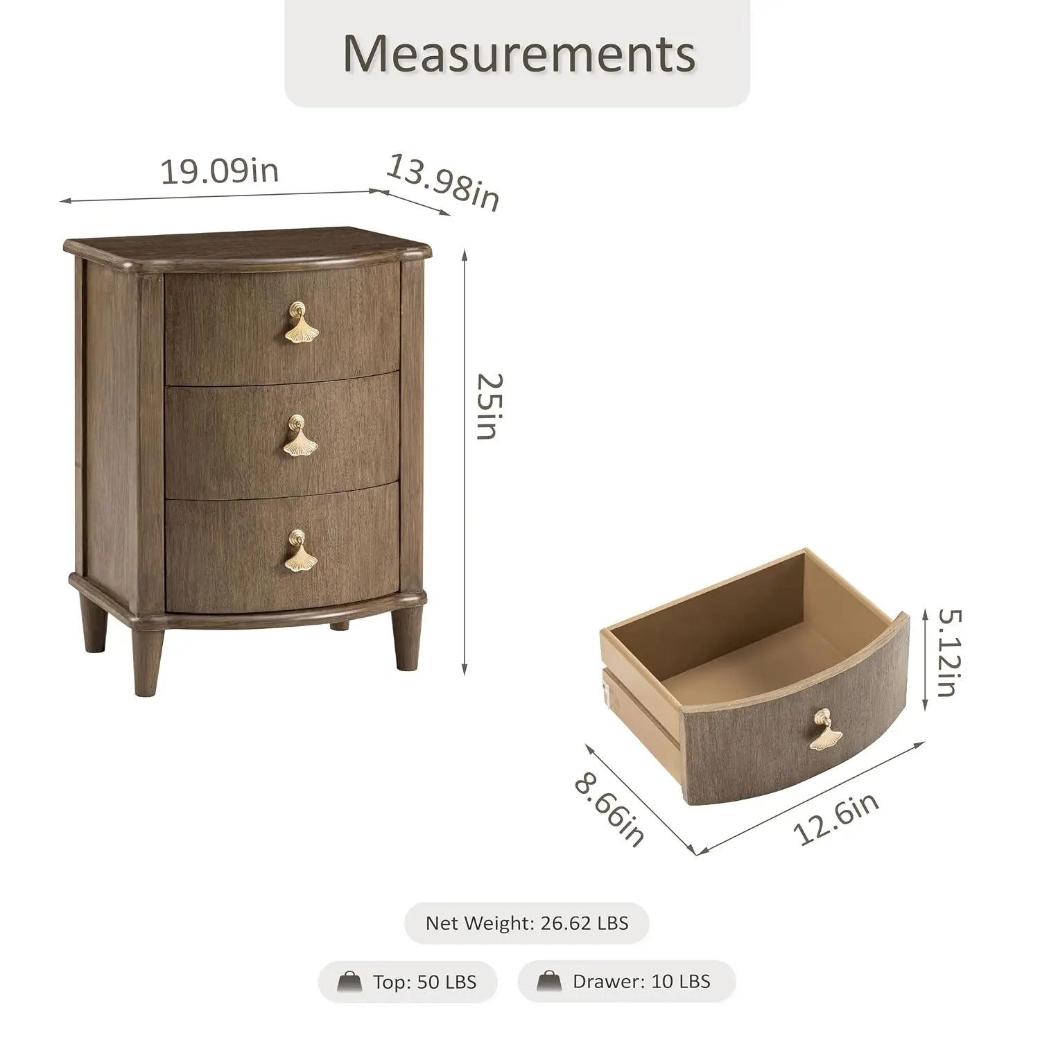 Elegant 3-Drawer Nightstand Gold Leaf Handles Vintage Curved Front Distressed Finish Brown, Customized