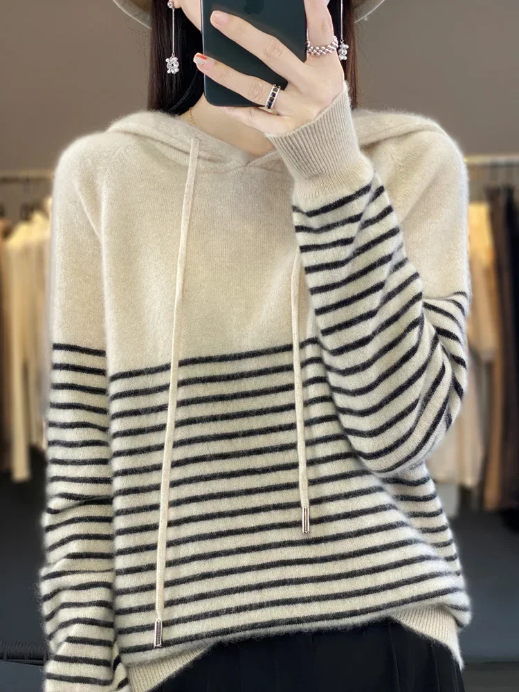 Women\'s Hoodies 100% Merino Wool Sweater Striped Long Sleeve Casual Loose Pullover Cashmere Knitwears Fashion New Knit F470