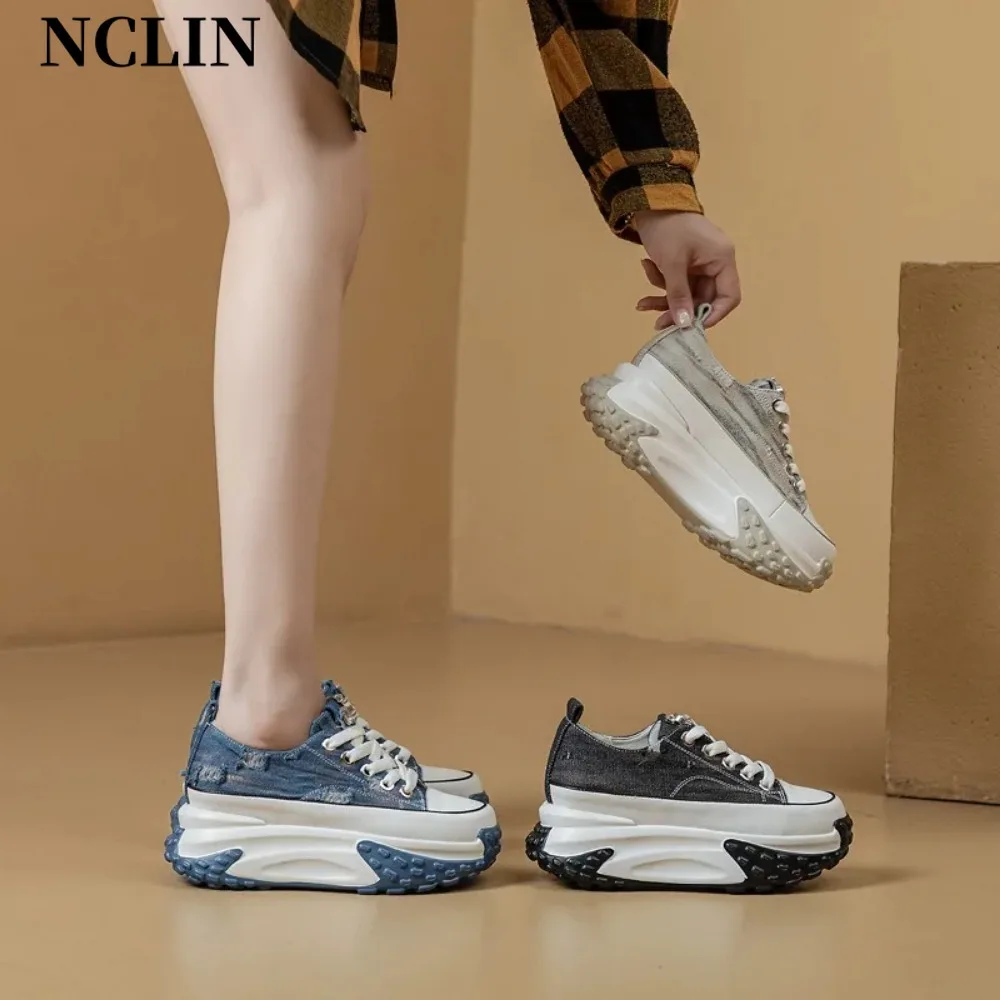 NCLIN Hot Sale Women Sneakers Genuine Leather 2024 Fashion Women Cross Tied Flats Shoes Autumn Platform Working Shoes Woman