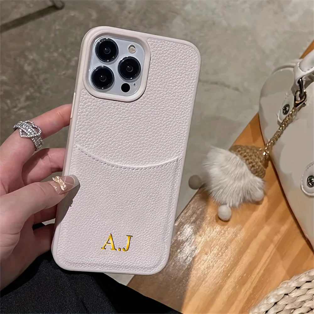 Personalized Card Slot Case For iPhone 12 13 14 15 16 Pro Max Customized Name Luxury Leather Initial Letters Cover 15 16 Pro Max
