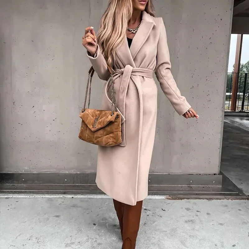 Women Woolen Coat 2026 Autumn/Winter Simple Long-Sleeved V-Neck Splid Color Tied Long Woolen Coat Women's Clothing