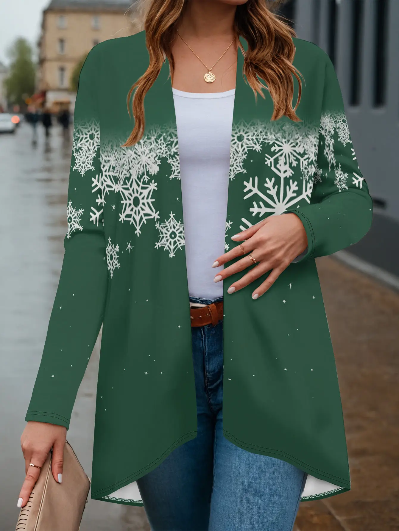Casaco feminino com estampa de floco de neve, design 3D verde branco, padrão completo de manga comprida, moda sazonal de inverno