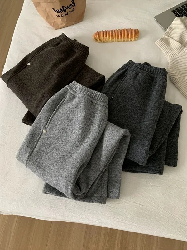 plus Size High Waist Fleece Lined Loose Thick Wide Leg Pants Women's Autumn Winter Casual Straight Cut Trousers Korean Style