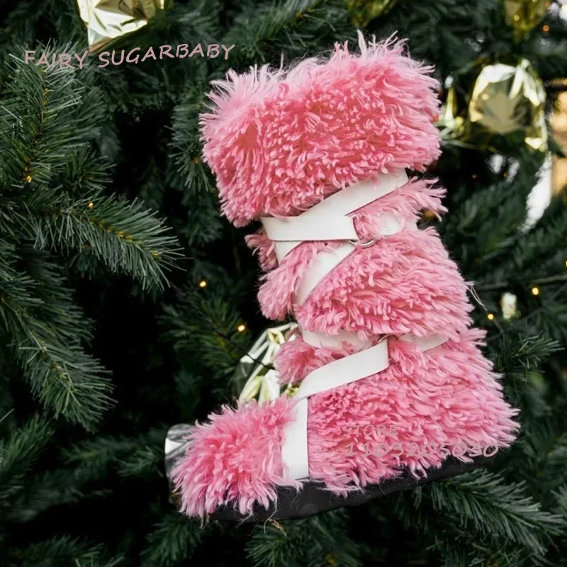 

Suede White Belt Pink Long Fur Gift Boots Girls Winter Lace Knee Booties Color Black Flat Snow Shoe Plush Women Spring Versatile