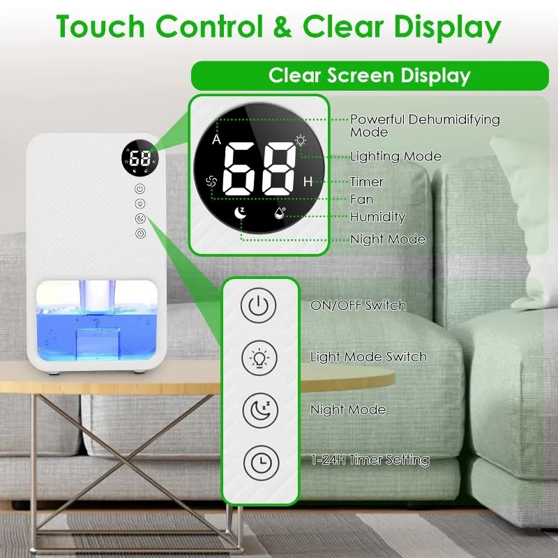 Portable indoor dehumidifier with sleep mode, 7-color lighting, and touch control
