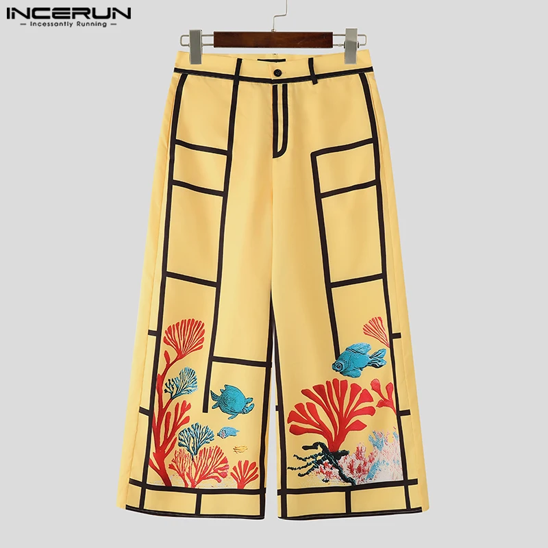 

INCERUN Men Pants Embroidered Printing Patchwork Button Casual Wide Leg Trousers Men Streetwear Loose 2025 Fashion Long Pants