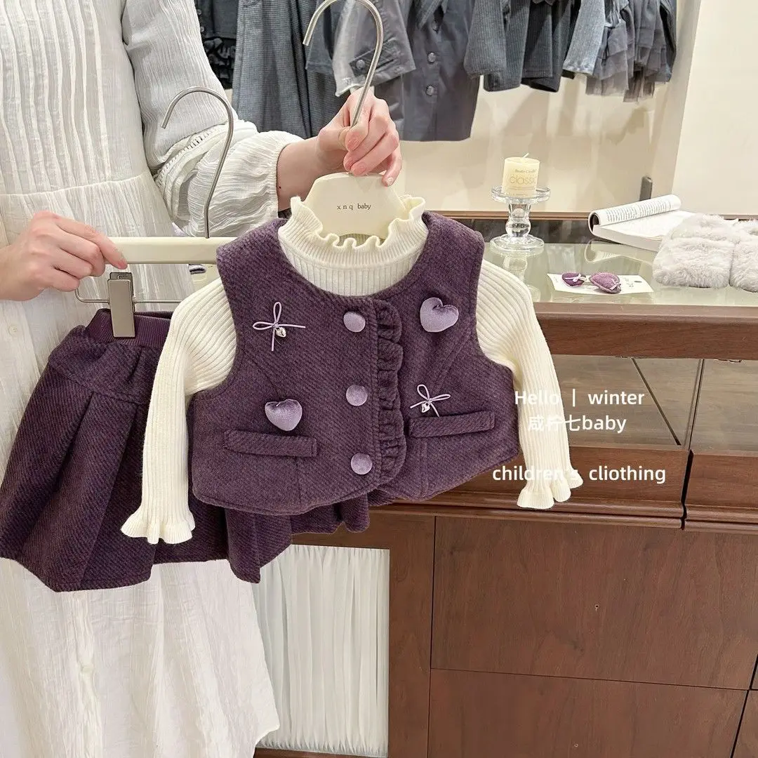 Autumn Winter Clothing Sets 3PCS Thick Warm Elegance Purple Vest+Pleated Skirt+Knit Sweater Girls Suit Kids Fashion Kids Costume