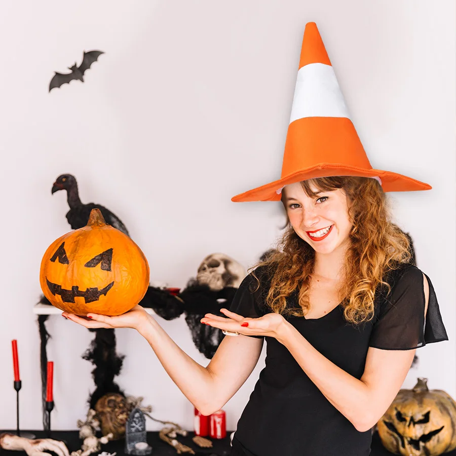 1pc Felt Traffic Cone Hat Orange White Striped Road Barrier Costume Hat Funny Headwear For Halloween Party Cosplay Photo Props