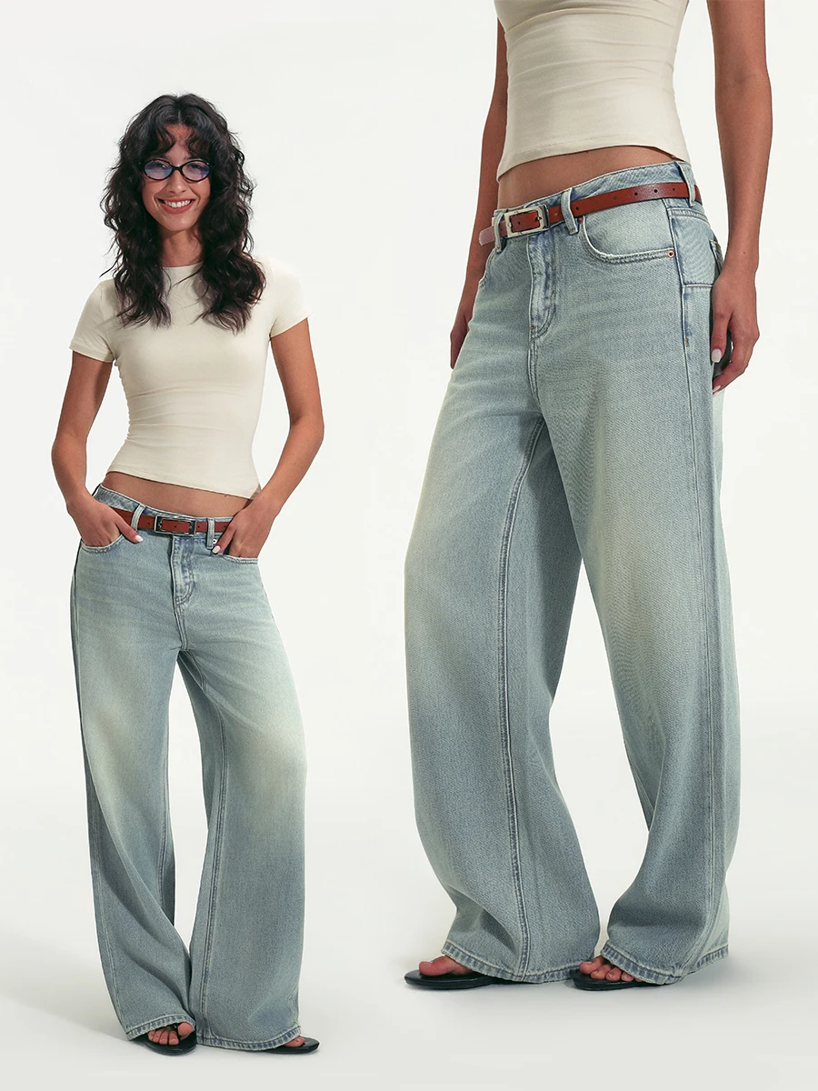 

High Waist Wide Leg Denim Jeans Women's Vintage Washed Frayed Acetate American Style Loose Straight Cut Jeans