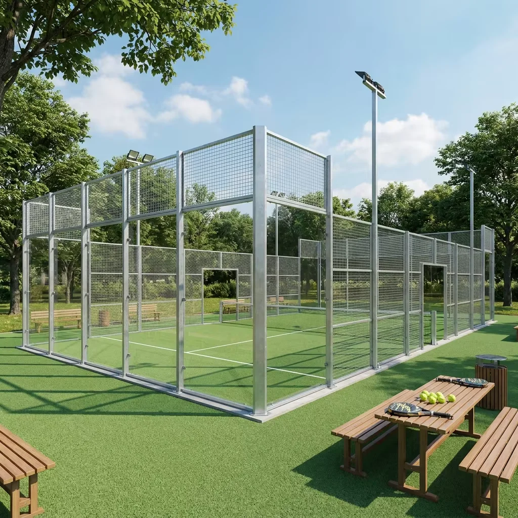 Panoramic Padel Tennis Court Full Glass Surrounding Fence Top Ball Stopping Net With LED Lights Complete Outdoor Paddle Court