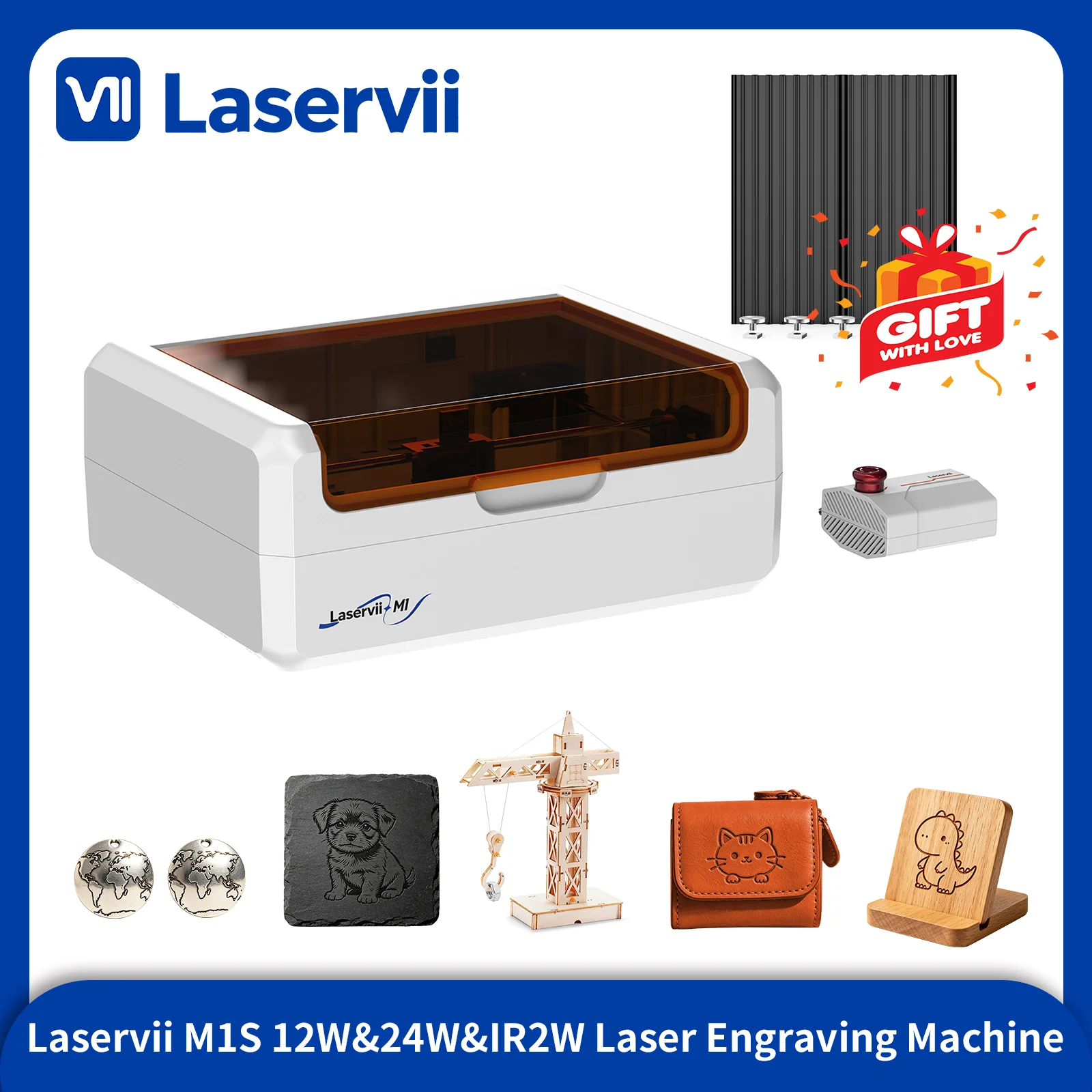 Laservii M1S 7W/12W/IR2W Closed Desktop Laser Cutter High Speed 36000 mm/min Safe CNC Tool For Wood Acrylic Metal Jewelry DIY