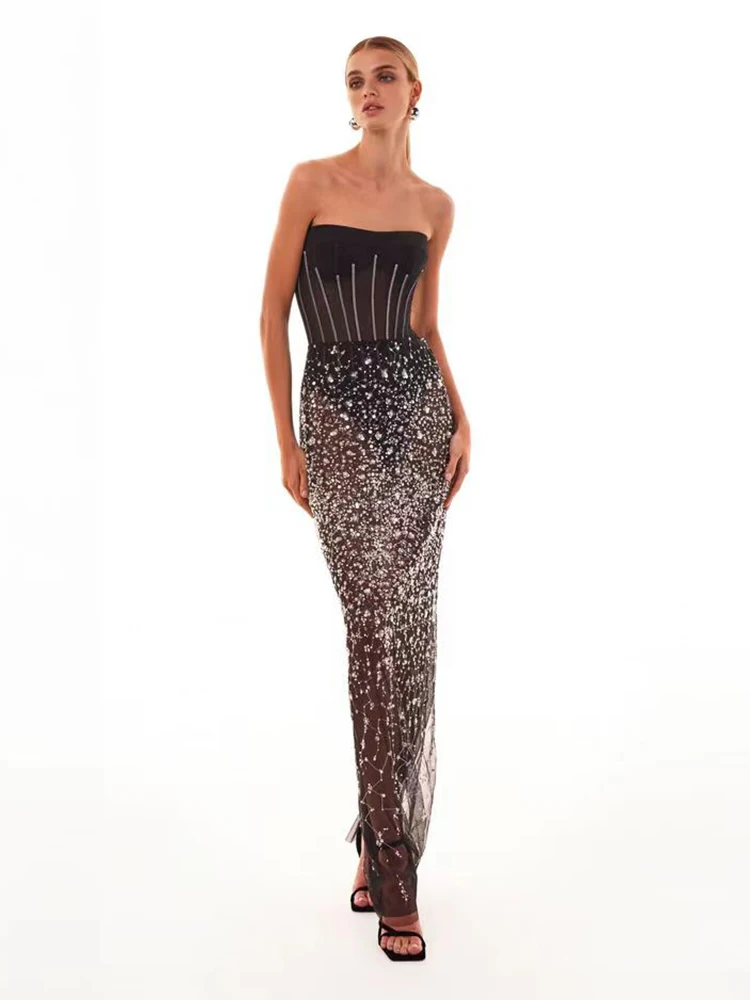 Sexy Long Skirt Two Piece Set Women Black Strapless Sequins Bodysuit + Shiny Beaded Mesh See Through Slim Skirts Suits Evening