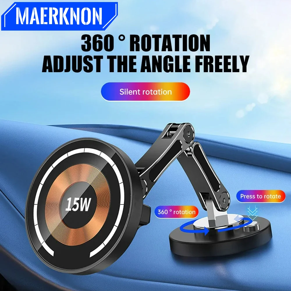 

15W Magnetic Car Wireless Charger Foldable 360 Rotation Car Phone Mount For iPhone 15 14 13 12 Pro Max Fast Charge Dock Station