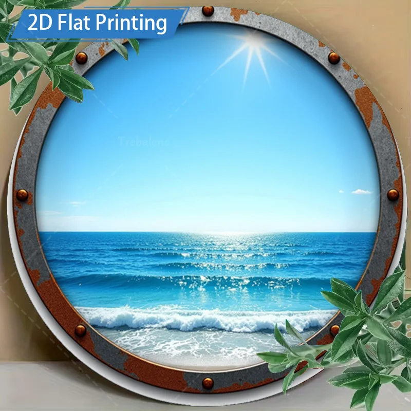 Rustic Porthole Sea View 2D Flat Round Metal Tin Sign Vintage Nautical Ocean Beach Window Wall Decor for Bathroom Beach House