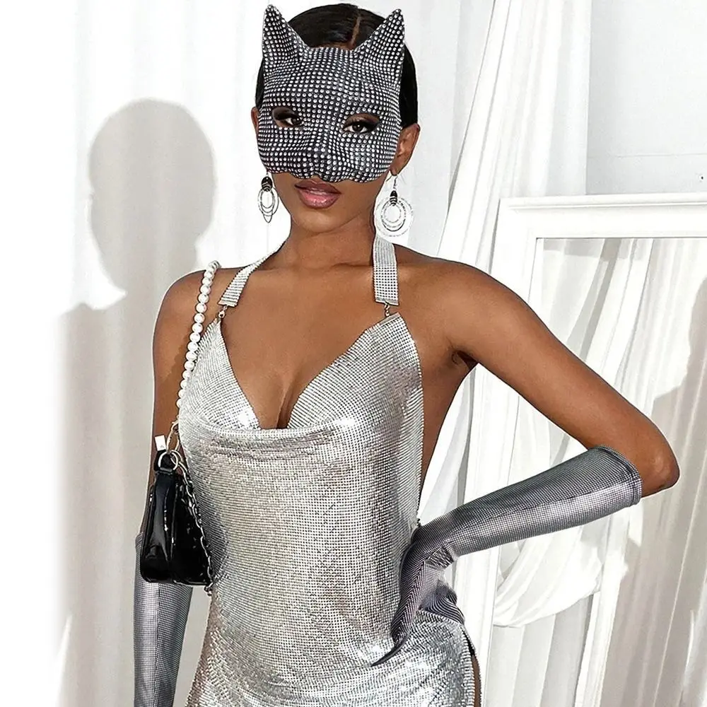 Half Face Cover Cat Girl Mask Gloves Set Rhinestone Cosplay Prop Cats Woman Face Mask Shiny Party Costume Masquerade Gloves