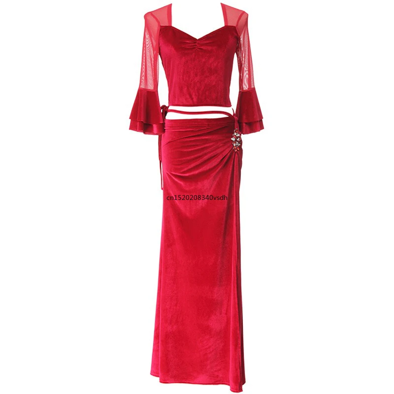 Hot Selling Buikdanskostuum Vrouwen Dagelijks Oefen Danspak Zwarte Tops Rode High Split Rok Tv-Performance Sets