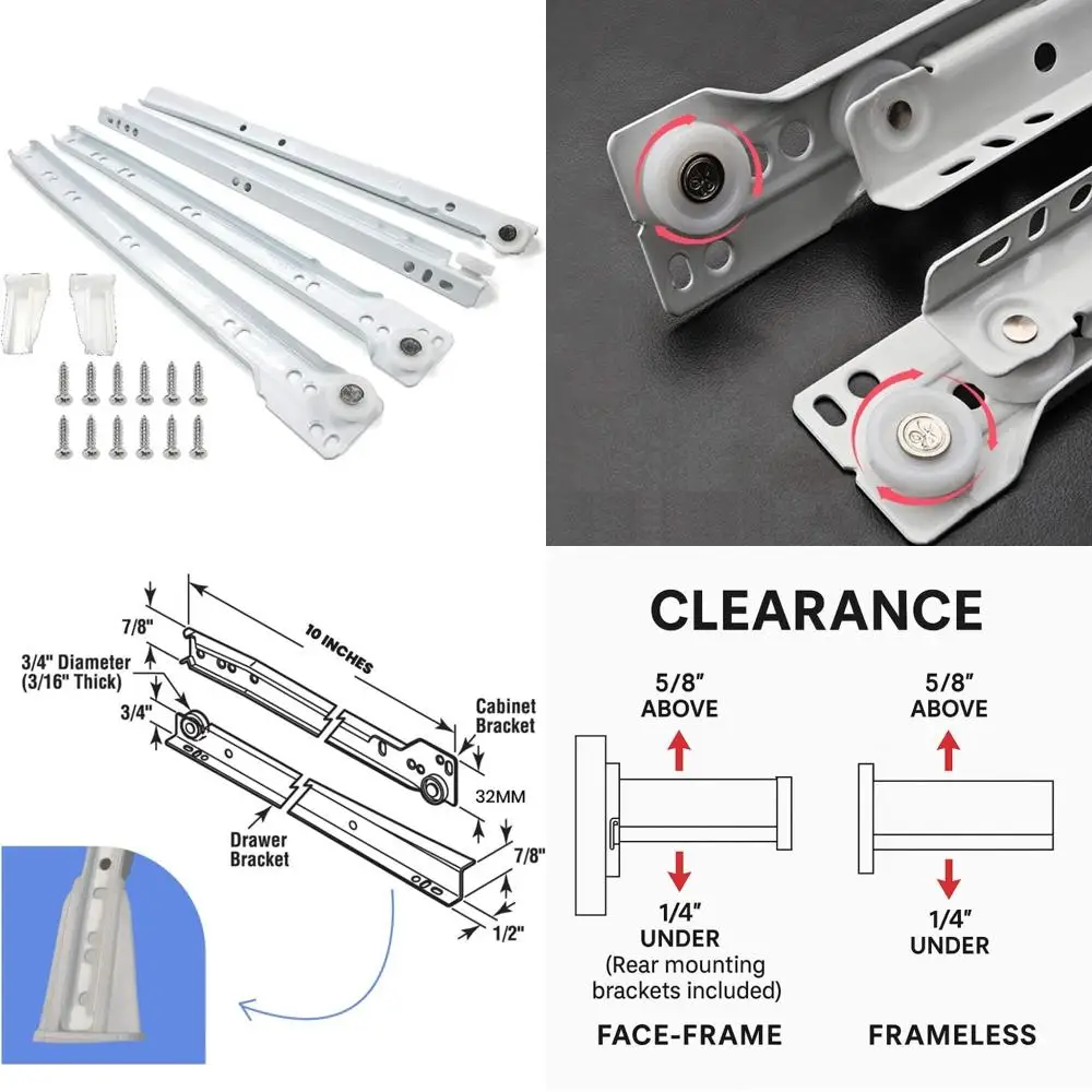 

10 Inch Euro Slides, Pack of 20, for Face-Frame and Frameless Cabinets. 75lbs Capacity Cold Rolled Steel, Powder Coated. Choose