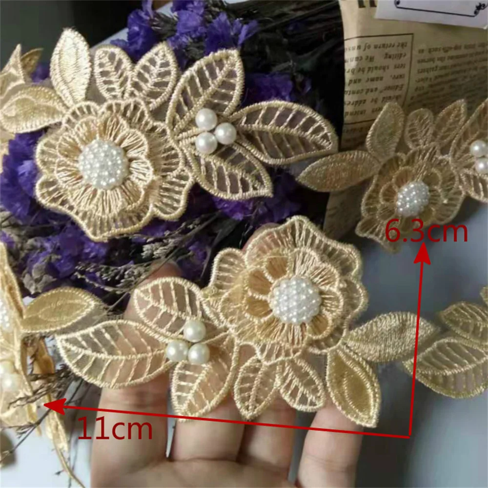 Nuovo 10x Oro Perla In Rilievo Fiore Foglia Ricamato In Pizzo Nastro In Tessuto Fatti A Mano Mestiere di Cucito Per Il Cappello Costume Della Decorazione Calda