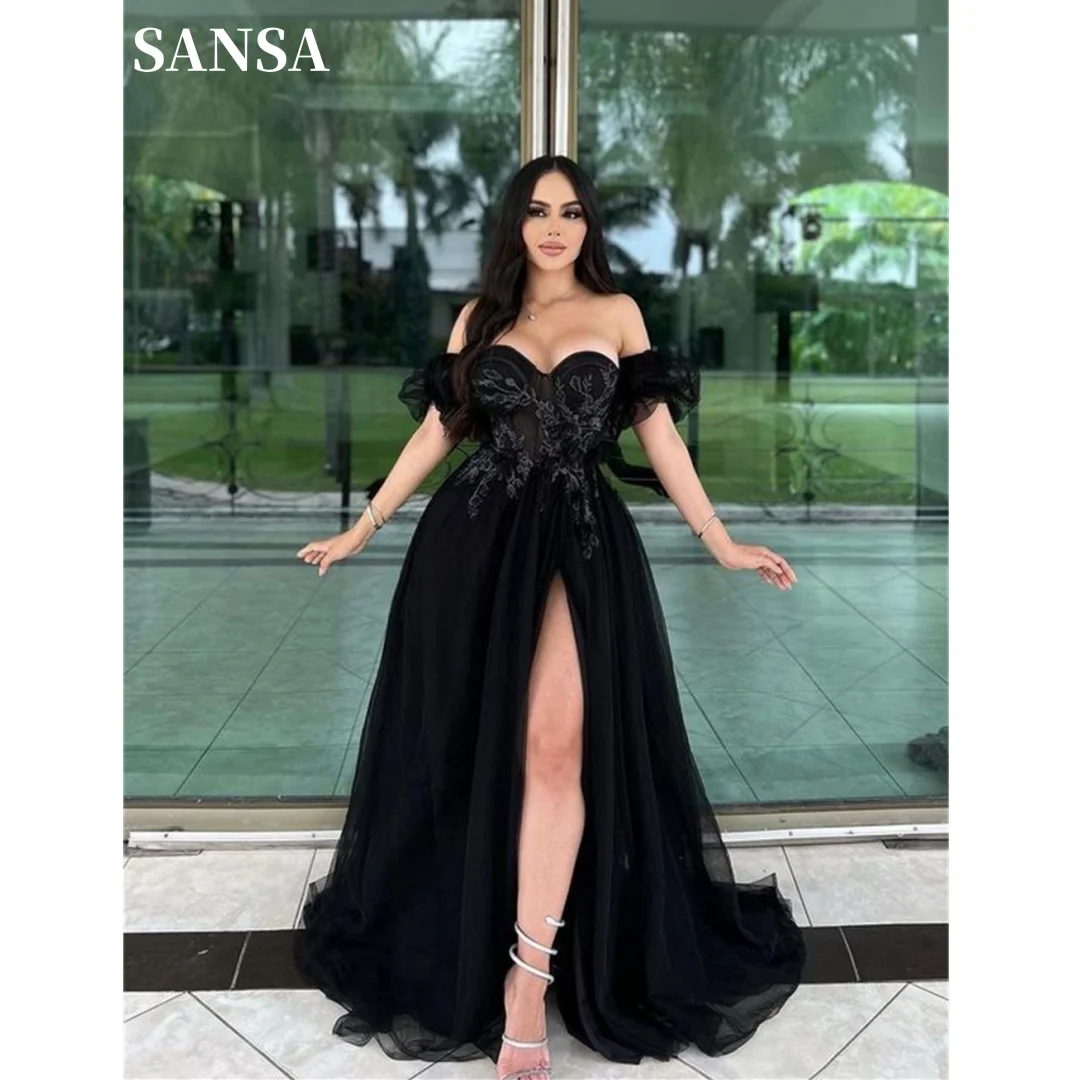 

Sansa Black فساتين السهرة Princess Sweetheart Short Sleeve Vestidos De Noche Side Split A-line Tulle Prom Dresses 2024