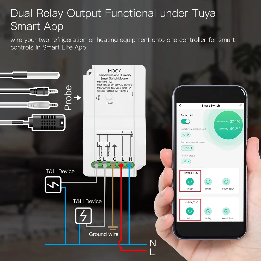 Moes WiFi Smart Temperature Humidity Switch Module Sensor Dual Relay Output Timing Countdown Wireless Control Work Alexa Google