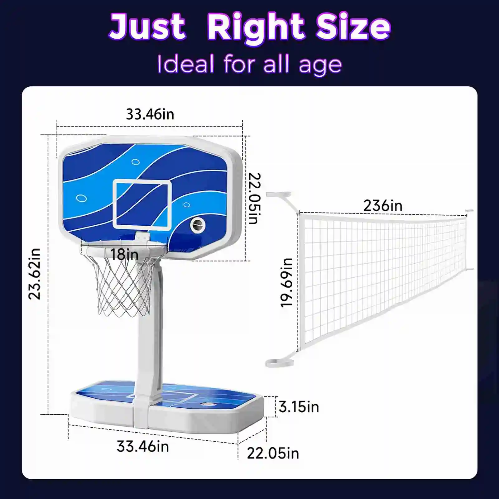 Set Perlengkapan Olahraga Kolam Renang 2in1: Ring Basket Kolam Renang dan Net Bola Voli Kolam Renang dengan Lampu LED untuk Anak-Anak dan Remaja