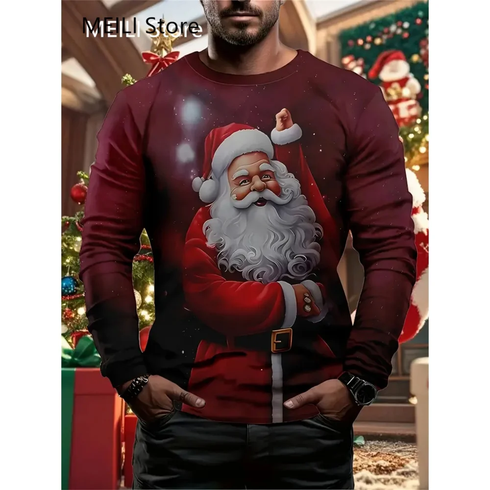 

Men's Santa Claus 3D Printed Long Sleeved T-Shirt for Casual Sports Round Neck T-Shirt Autumn Fashion Loose Men's Casual Tops