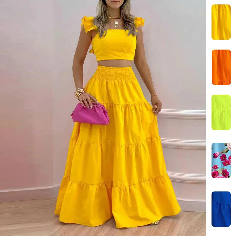 2026 Spring New Women's Clothing Solid Color Fashion Sexy Lotus Leaf Sling Large Swing Dress Fashion Set Women Ropa Mujer