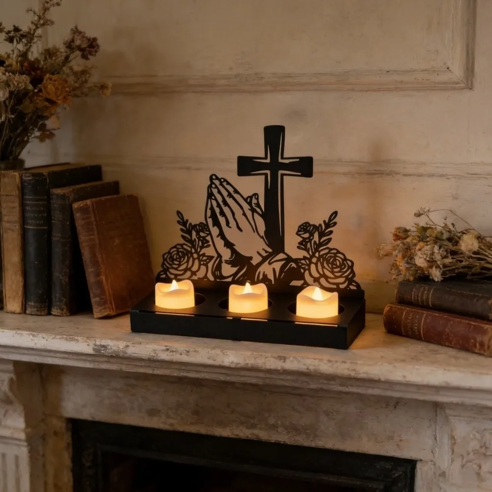 Vintage Hands Candle Holder Shadow Cutout Wine Bottle Shaped Cross Candlestick Floral Design Iron Candlestick Ornament