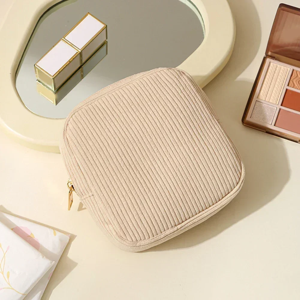 For Daily Use Beige Black Gray Pink Brown Sanitary Napkin Bag Corduroy Pouch Stylish Design Ample Storage Space