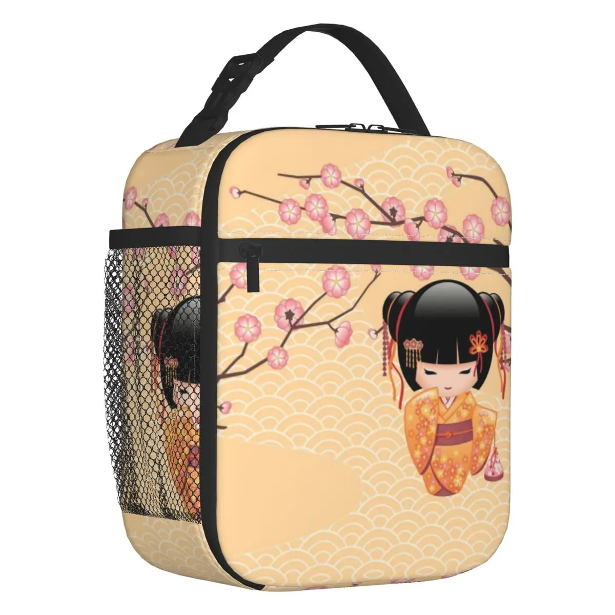 

Kokeshi Doll Insulated Lunch Bag for Outdoor Picnic Japanese Sakura Cherry Blossom Resuable Cooler Thermal Bento Box Women Kids