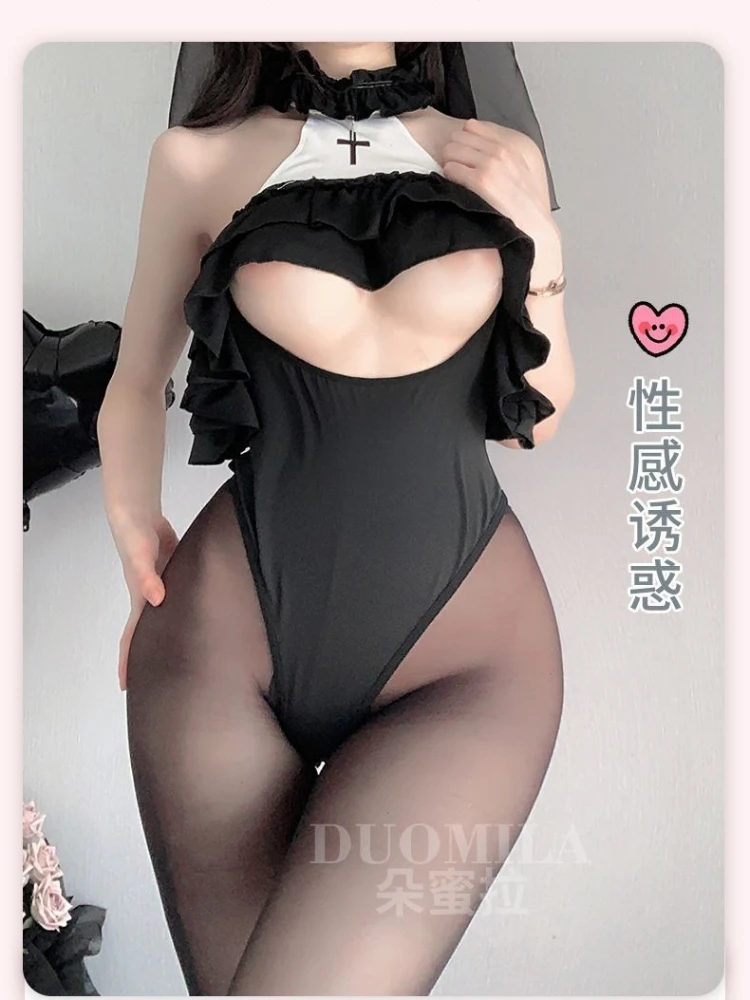 3XL Plus Size Sexy Lingerie Nun Cosplay Anime Role-playing Hollow Chest Bodysuit Open Crotch Gothic Maid Uniform 100kg Nightwear